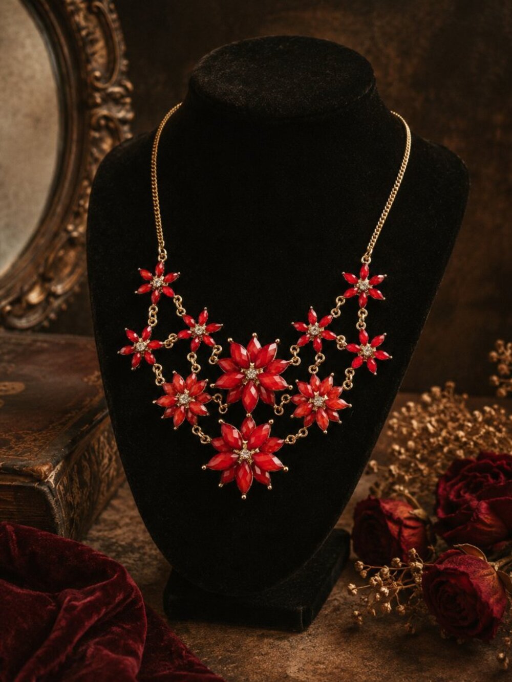 Vera Wang Red Floral Bib Statement Necklace 16" Gold Tone